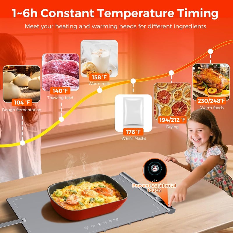 BROBIG Warming Mat for Food | Max Temp 248℉,Fast Full-Surface Food Warmer with 8-Level Adjustable and Timer,Roll-Up & Portable Silicone Food Heating Pad with Child Lock,Electric Warming Tray for Buffet Party - Image 4